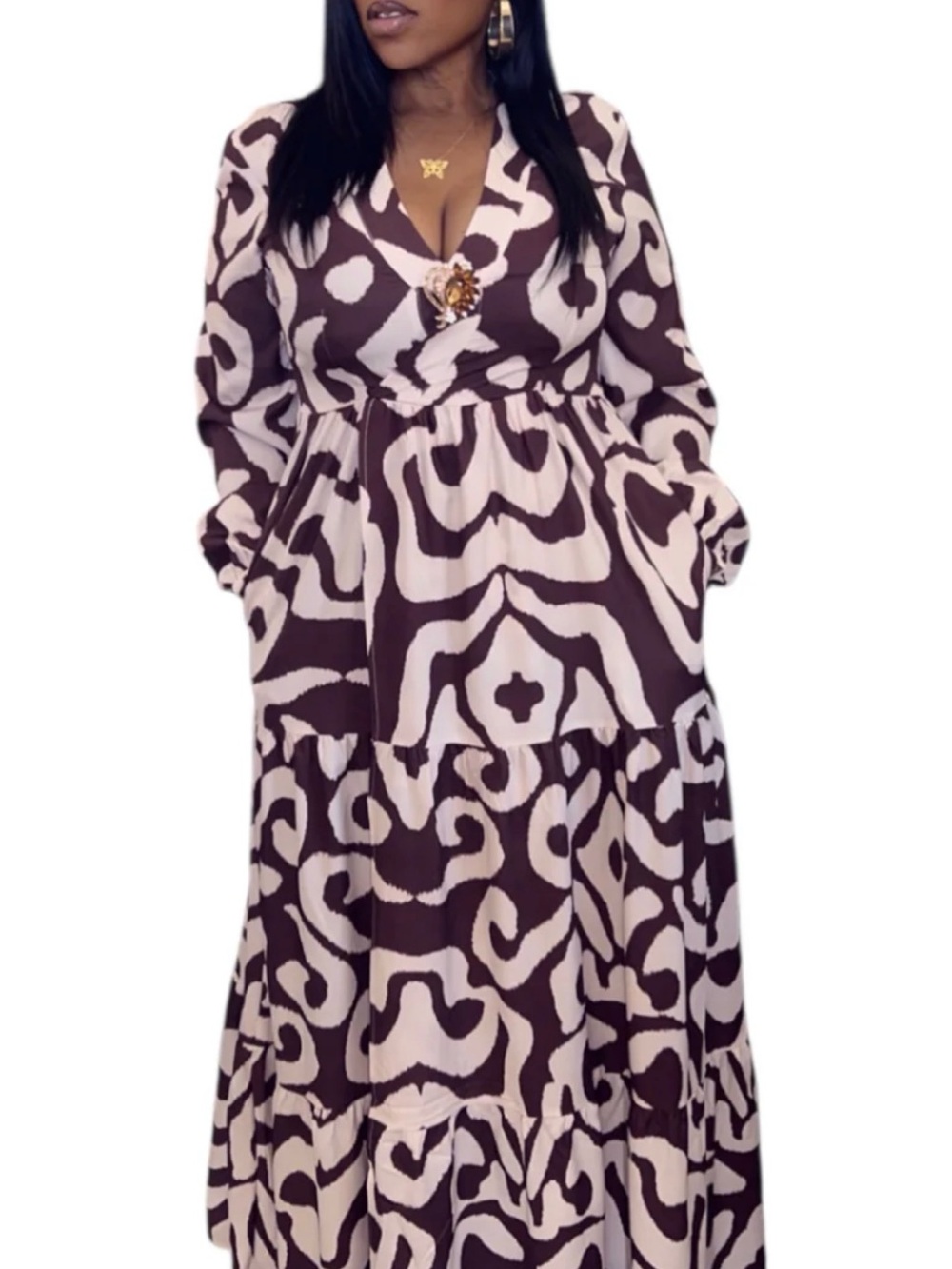 Serengeti Soul: Long Sleeve Brown & Cream Printed Maxi Dress